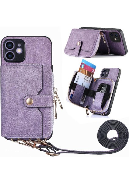 IPhone 12 Için Kılıf Ayarlanabilir Kordon Premium Deri 7 Kart Yuvaları Fermuar (Yurt Dışından)
