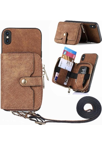 IPhone X/xs 7 Kart Yuvaları Için Kılıf Ayarlanabilir Kordon Standı Fermuar Kapatma (Yurt Dışından)