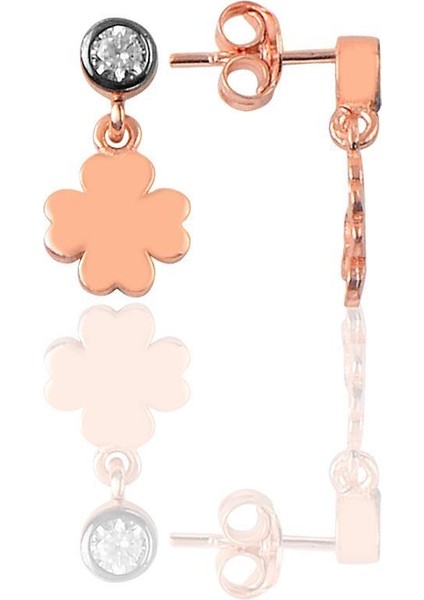 Gümüş Rose Zirkon Taşlı Şanslı Yonca Küpe SGTL12621ROSE
