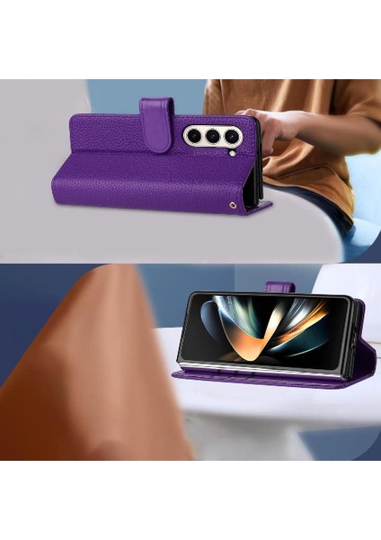 Samsung Galaxy Z Için Telefon Kılıfı Fold 6 Cüzdan Pu Deri Litchi Desen (Yurt Dışından)