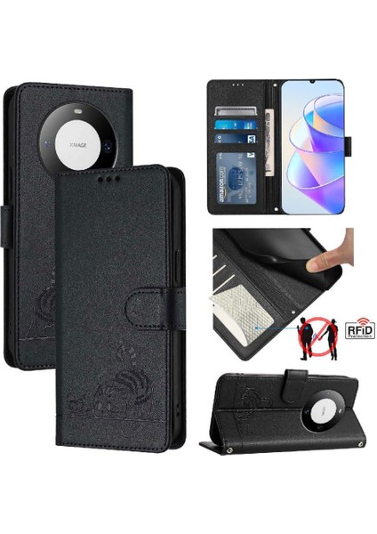 Huawei Mate 60 Kedi Rfıd Cüzdan Kapak Çevirin Kart Yuvası Tutucu (Yurt Dışından)