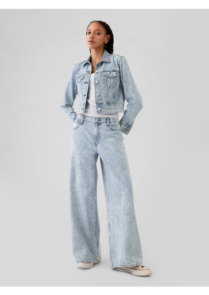 Kadın Açık Mavi Mid Rise Studded Baggy Jean Pantolon