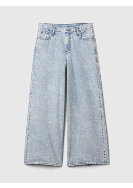 Kadın Açık Mavi Mid Rise Studded Baggy Jean Pantolon