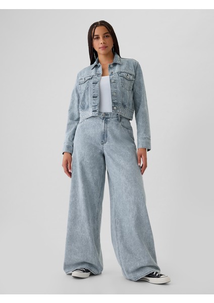 Kadın Açık Mavi Mid Rise Studded Baggy Jean Pantolon