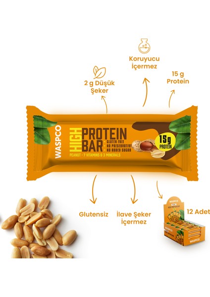 Waspco Yer Fıstıklı Ve Kakaolu Yüksek Protein Bar 50g x 12 Adet