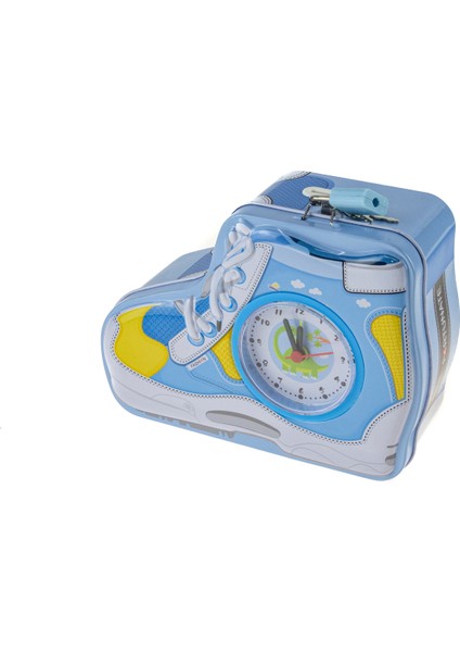 Kumbara Saatli Ayakkabı Desenli Kilitli Kumbara Mavi