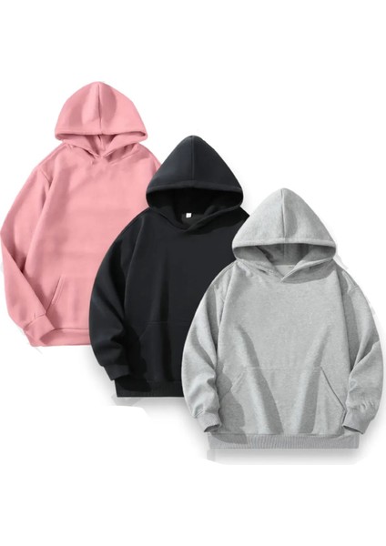 Unisex 3'lü Siyah Gri Lacivert Kapüşonlu Kanguru Cepli Oversize Sweatshirt