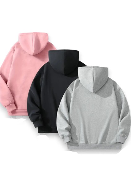 Unisex 3'lü Siyah Gri Lacivert Kapüşonlu Kanguru Cepli Oversize Sweatshirt fiyatları