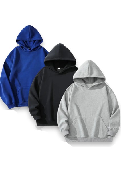 Unisex 3'lü Siyah Gri Lacivert Kapüşonlu Kanguru Cepli Oversize Sweatshirt