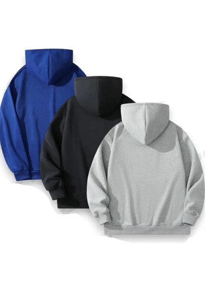 Unisex 3'lü Siyah Gri Lacivert Kapüşonlu Kanguru Cepli Oversize Sweatshirt fiyatları
