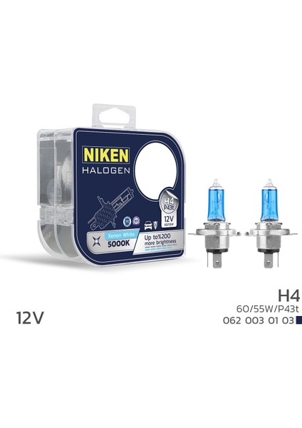 12V H4 60/55W Beyaz Işık Ampul P43T 5000K