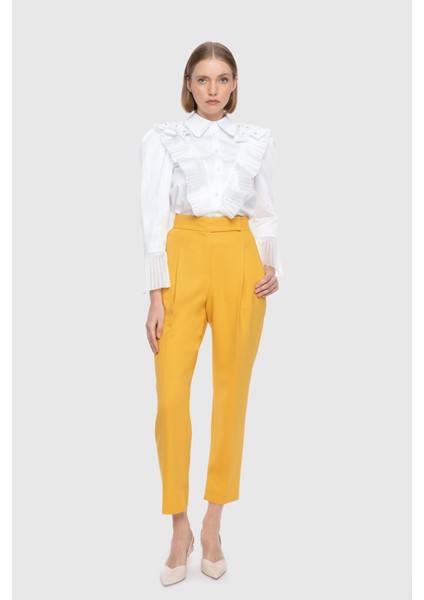 Yün Kumaş Yüksek Bel Sarı Havuç Pantolon