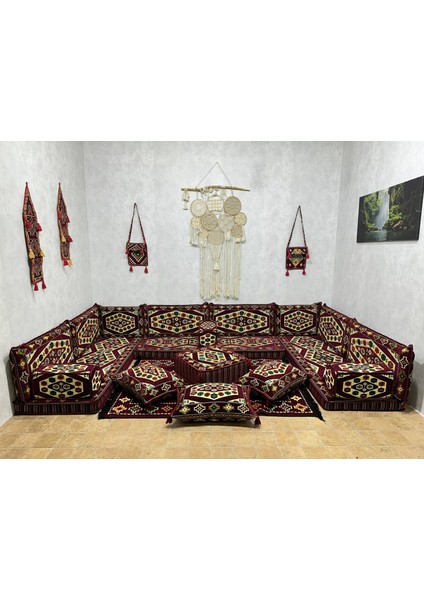 Şark Köşesi Yörük Desenli Minder, Kilim, Orta Puf, Heybe Çanta Takımı 23 Parça Set