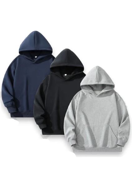 Unisex 3'lü Siyah Gri Lacivert Kapüşonlu Kanguru Cepli Oversize Sweatshirt