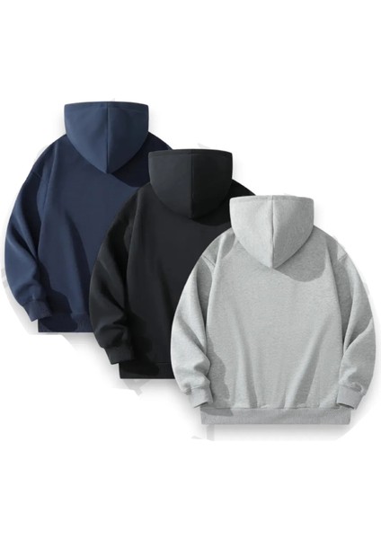 Unisex 3'lü Siyah Gri Lacivert Kapüşonlu Kanguru Cepli Oversize Sweatshirt fiyatları