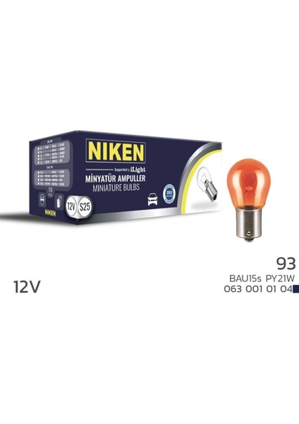 12V 93 Ampul Yt (PY21W) Amber BAU15S 10 Lu