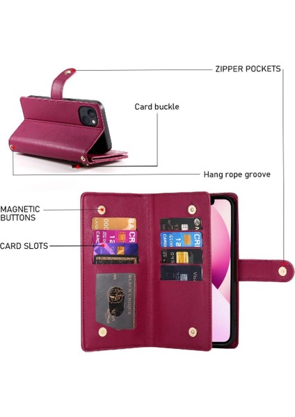 IPhone 13 Bilek Kayışı Kickstand Çok Fonksiyonlu Kart Yuvaları Için Flip Case (Yurt Dışından) modelleri