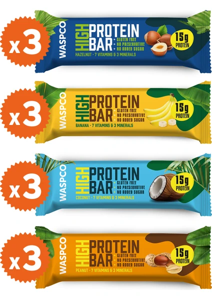 Waspco Yüksek Protein Bar 50g Karma Kutu 12 Adet (4 Çeşit)