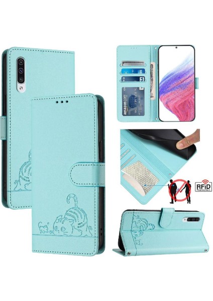 Samsung Galaxy A50/A30S/A50S Kedi Rfıd Cüzdan Kapak Çevirin Kart Yuvası (Yurt Dışından)