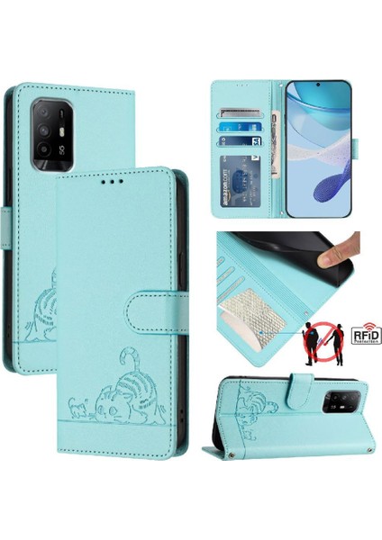 Oppo Için Kılıf A74 4G/A95 4g Cüzdan Kapak Çevirin Kedi Rfıd Kart Yuvası Tutucu (Yurt Dışından)