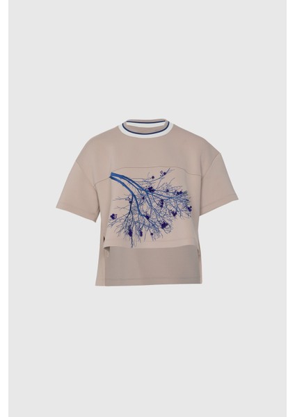Baskılı Işleme Detaylı Bej T-Shirt