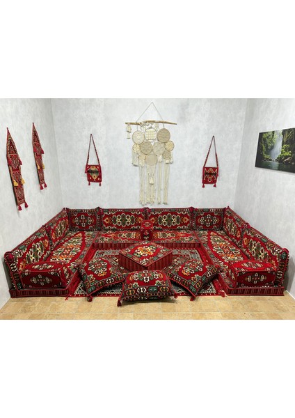 Şark Köşesi Apaçi Desenli Minder, Kilim, Orta Puf, Heybe Çanta Takımı Konsept Kırmızı 23 Parça
