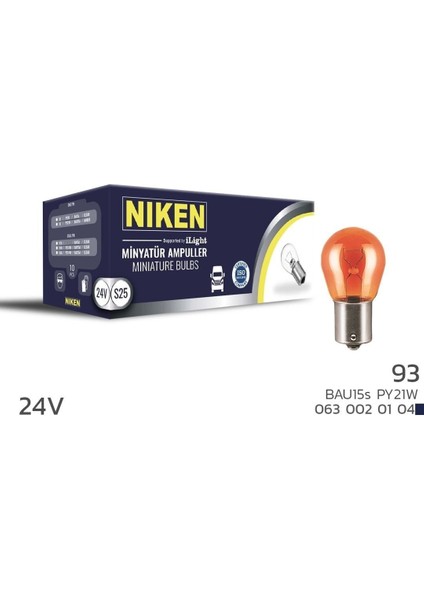 24V 93 Ampul Yt (PY21W) Amber BAU15S 10 Lu