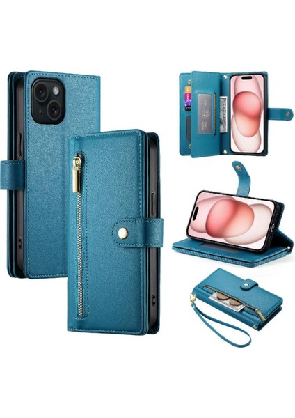 IPhone 15 Bilek Kayışı Kickstand Çok Fonksiyonlu Kart Yuvaları Için Flip Case (Yurt Dışından)