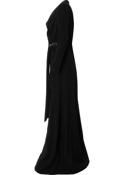 Drape Detaylı Işlemeli Uzun Siyah Abiye Elbise fiyatları