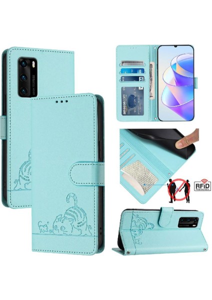 Huawei P40 Için Kılıf Cüzdan Kapak Çevirin Kedi Rfıd Kart Yuvası Tutucu Kickstand (Yurt Dışından)