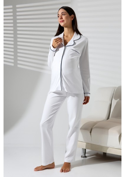 Interlok Düğmeli Hamile Lohusa Uzun Kol Pijama Takımı 1354-01 fırsatları