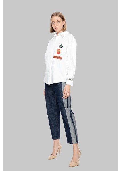 Arma ve Rozet Detaylı Oversize Poplin Ekru Gömlek