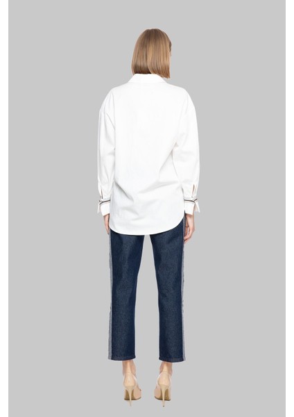 Arma ve Rozet Detaylı Oversize Poplin Ekru Gömlek