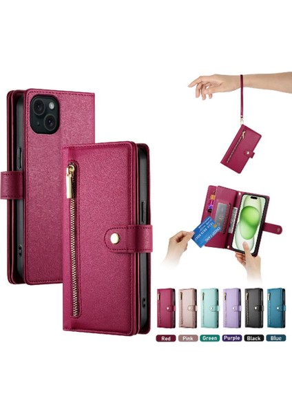 IPhone 15 Için Flip Case Artı Kickstand Cüzdan Bölmesi Bilek Kayışı Kart (Yurt Dışından) fırsatları