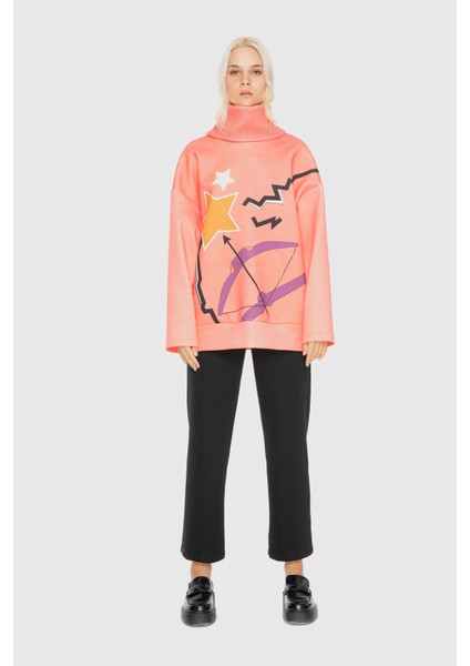 Baskili Balikçi Yaka Sweatshirt