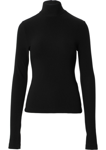 Dokulu Örme Siyah Boğazlı Kazak