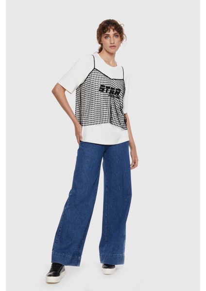 Baskılı File Atletli Ekru Örme Bluz