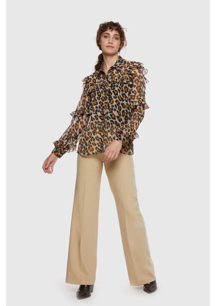 Fırfırlı Leopar Şifon Bluz