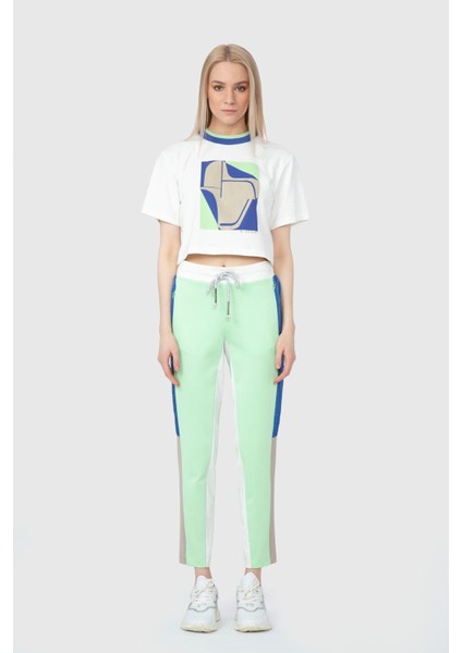 Baskılı Triko Bant Detaylı Crop Ekru T-Shirt