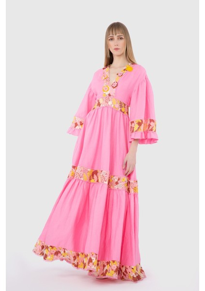 V Yaka Çiçek Desenli Pembe Uzun Elbise