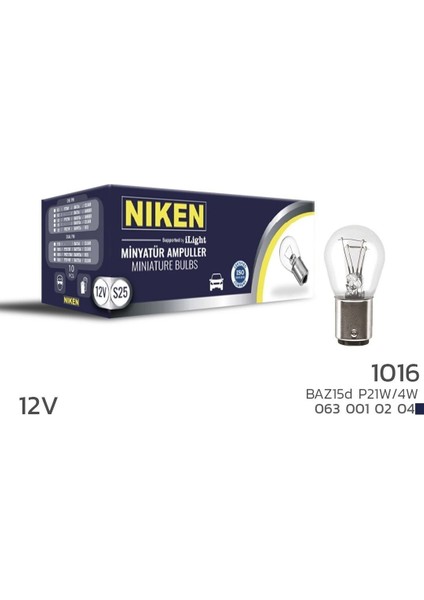 12V 1016 Ampul Yt (P21/4W) BAZ15D 10 Lu