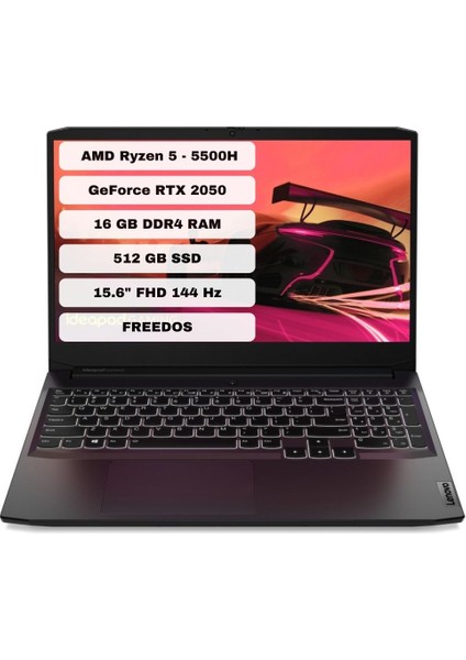 Ideapad Gaming 3 Amd Ryzen 5 5500H 16GB 512GB SSD RTX2050 Freedos 15.6" Fhd Taşınabilir Bilgisayar 82K202BRTX16