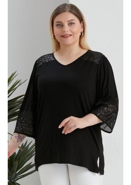 Trend Kadın Omuz ve Kol Ucu Pul Payet Işleme Dekolteli Truvakar Kol Yan Yırtmaç V Yaka Esnek Bluz Siyah