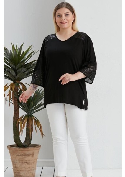Trend Kadın Omuz ve Kol Ucu Pul Payet Işleme Dekolteli Truvakar Kol Yan Yırtmaç V Yaka Esnek Bluz Siyah fırsatları