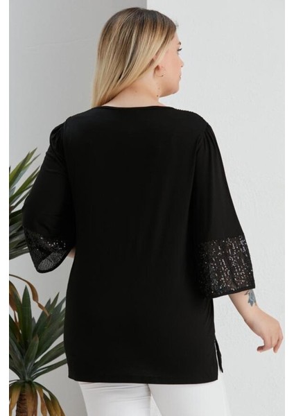Trend Kadın Omuz ve Kol Ucu Pul Payet Işleme Dekolteli Truvakar Kol Yan Yırtmaç V Yaka Esnek Bluz Siyah indirimleri