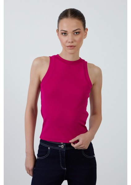 Bisiklet Yaka Sıfır Kollu Basıc Pembe Bluz