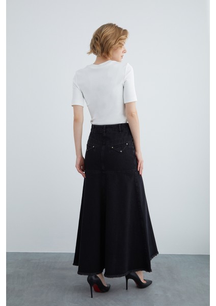 Üçgen Cepli Bilek Boy Siyah Kot Etek modelleri