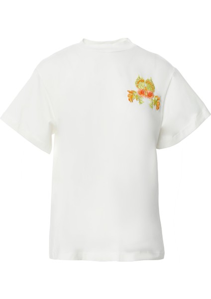 Aplike Nakış Detaylı Basic Ekru Tshirt