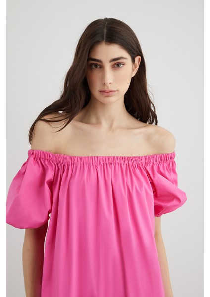 Çizgili Şerit Detaylı Kayık Yaka Pembe Poplin Elbise