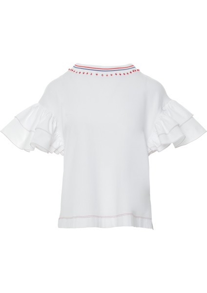 Kırmızı Dikiş Detaylı Fırfır Kollu Yakası Işlemeli Ribana Yaka Beyaz Tshirt indirimleri